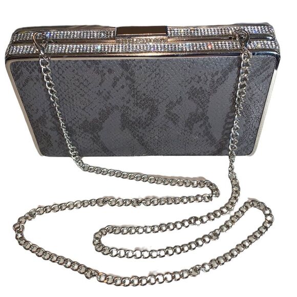 Starlet Silver and Gray Clutch Snake Print with Rhinestones and Crossbody Chain - Picture 4 of 10